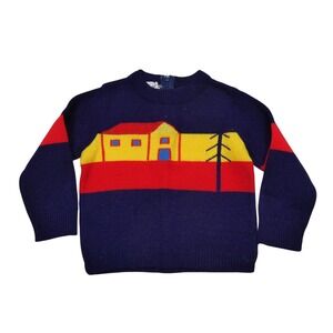 VINTAGE A Little Angel Sweater Girls 3T Blue Red Yellow House Graphic Knit